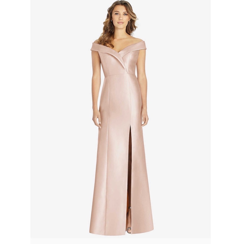NWT Alfred Sung Dessy Bridesmaid Satin Twill OFF SHOULDER GOWN Blush size 2